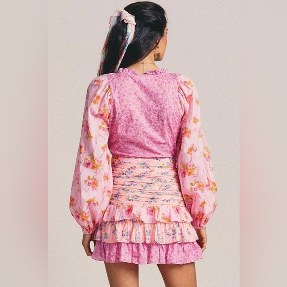 LoveShackFancy Long Sleeve Tiered Ruffle Floral Printed Mini Dress - Pink - Picture 2 of 12